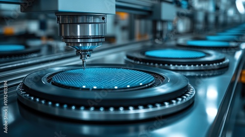 Advanced Manufacturing Process with Precision Laser Cutting Machines in a High-Tech Industrial Setting for Semiconductor Wafer Production