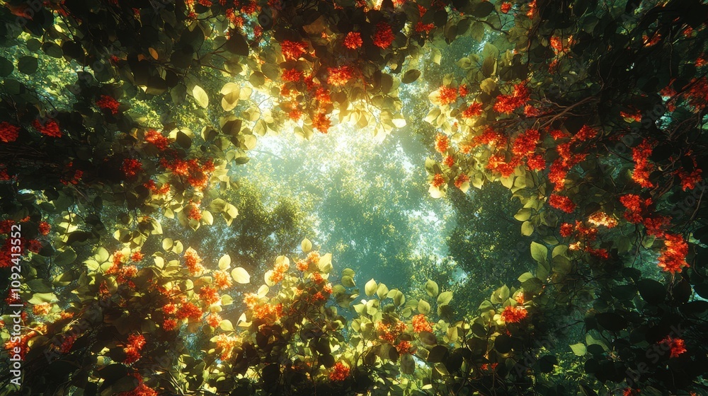 Fototapeta premium A serene underwater view framed by vibrant flowers and illuminated by soft sunlight, creating a tranquil and colorful atmosphere.