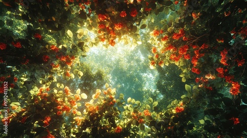 A serene underwater view framed by vibrant flowers and illuminated by soft sunlight, creating a tranquil and colorful atmosphere.