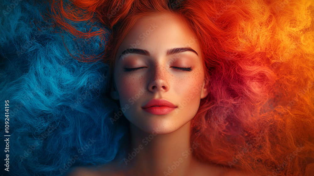 Fototapeta premium A woman with closed eyes, floating above the water's surface, with red on the right and blue on the left, creating a serene and surreal atmosphere.