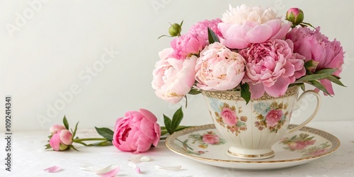 Fototapeta Naklejka Na Ścianę i Meble -  Beautiful peonies in a vintage tea cup, flowers in tea cups, vintage charm