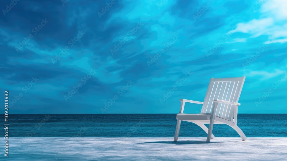 Modern white lounge chair on a serene patio overlooking a turquoise ocean under a vivid blue sky, perfect for luxury resort marketing and vacation promotions. Modern white lounge chair on a serene patio overlooking a turquoise ocean under a vivid blue sky, perfect for luxury resort marketing and vacation promotions.