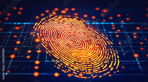 vibrant 3D fingerprint scanner design on digital glass panel, showcasing binary code and glowing elements, symbolizing security and technology