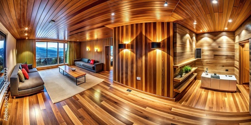 Panoramic, unstained, grooved wood wall adds warmth to the interior. photo