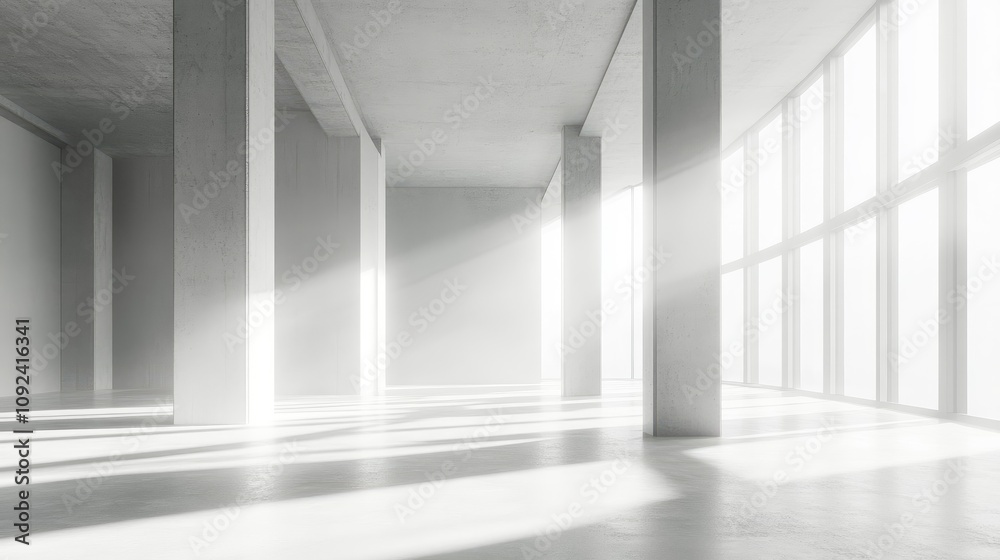 Fototapeta premium Minimalist studio space with a white and grey gradient background, featuring tall windows and soft natural light casting shadows on the concrete floor.