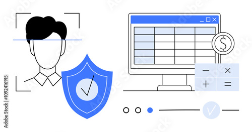 Businesspersons face being scanned, computer screen showing financial data, shield with check mark. Ideal for digital security, identity verification, financial analysis, data protection