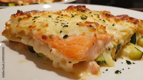 Savory salmon lasagna layered with zucchini, creamy bÃ©chamel sauce, melted parmesan cheese, and fresh leeks, garnished with herbs. photo