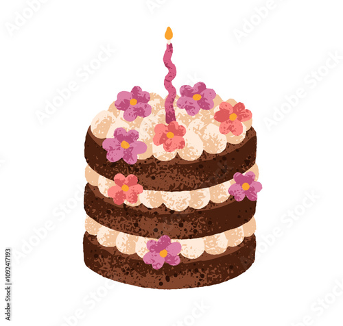 Layered birthday cake with candle and floral decoration. Chocolate sponge des...