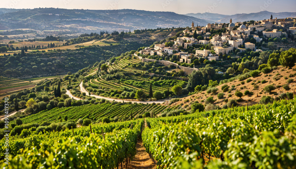Fototapeta premium Paysage de Vignes et Village Méditerranéen