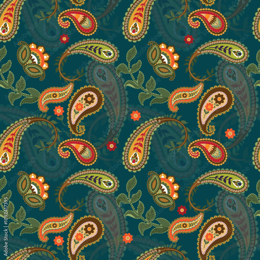 Naklejka premium Vector paisley seamless pattern on green background. Traditional and oriental folk design for wallpaper, textile, blanket, clothing vector design stock illustration.