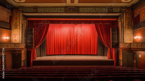 Vintage theater stage with red curtains, showcasing an elegant ambiance perfect for a tango dance performance. Rich colors and classic decor enhance the scene.
