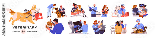 Veterinary clinic set. Owners with their cute dogs, cats are on vet examination, treatment of doctor. Veterinarians care about pet health. Flat isolated vector illustration on white background
