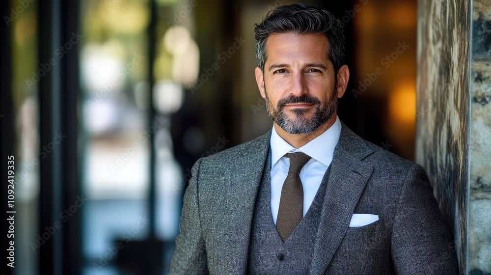 Fototapeta premium Sophisticated businessman in a tailored brown suit exuding confidence, featuring a neatly tied necktie and a stylish, polished appearance.