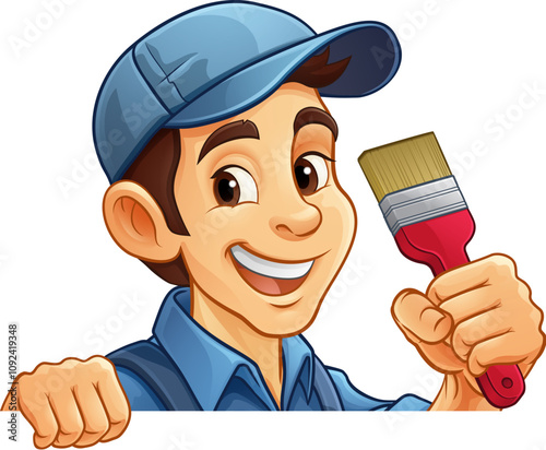 A painter decorator handyman cartoon construction man mascot character holding a paint brush tool