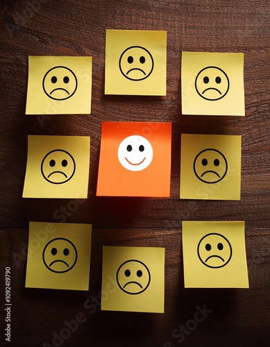 Positive attitude concept with small office notes with multiple faces and one standing out with a smile