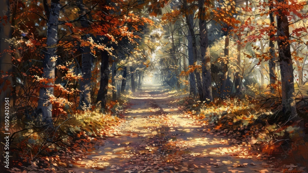Sunlit autumn path through vibrant forest. (1) Sunlit autumn path through vibrant forest. (1)