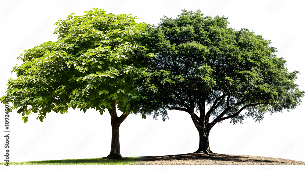 Two Lush Green Trees Stand Side by Side, Isolated on White Background, Illustrative Nature Photography Two Lush Green Trees Stand Side by Side, Isolated on White Background, Illustrative Nature Photography