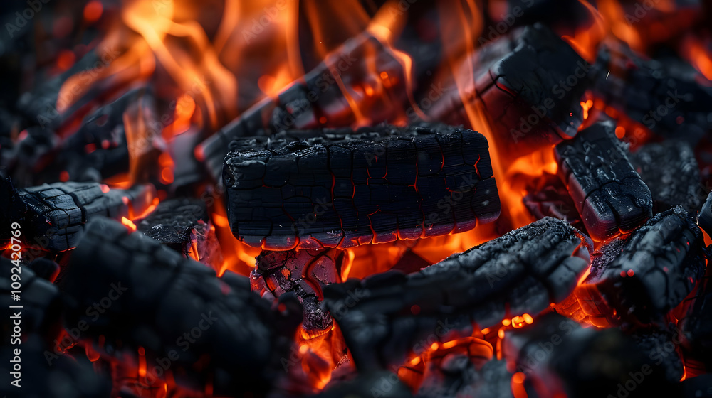 Glowing Embers Close-Up: Fiery Charcoal Texture