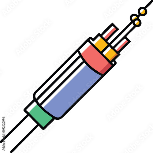 Fiber Optic Cable Illustration in Flat Design, Flat-style vector illustration of a fiber optic cable showing internal components, symbolizing high-speed internet, connectivity, and communication techn
