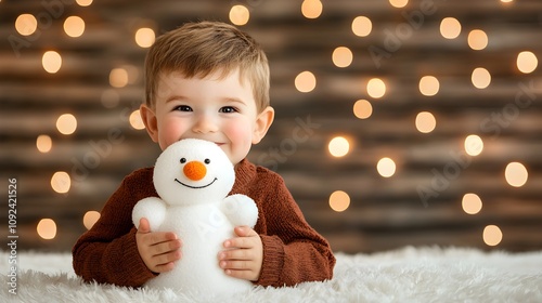 Cheerful child holding a snowman plush toy in festive setting photo