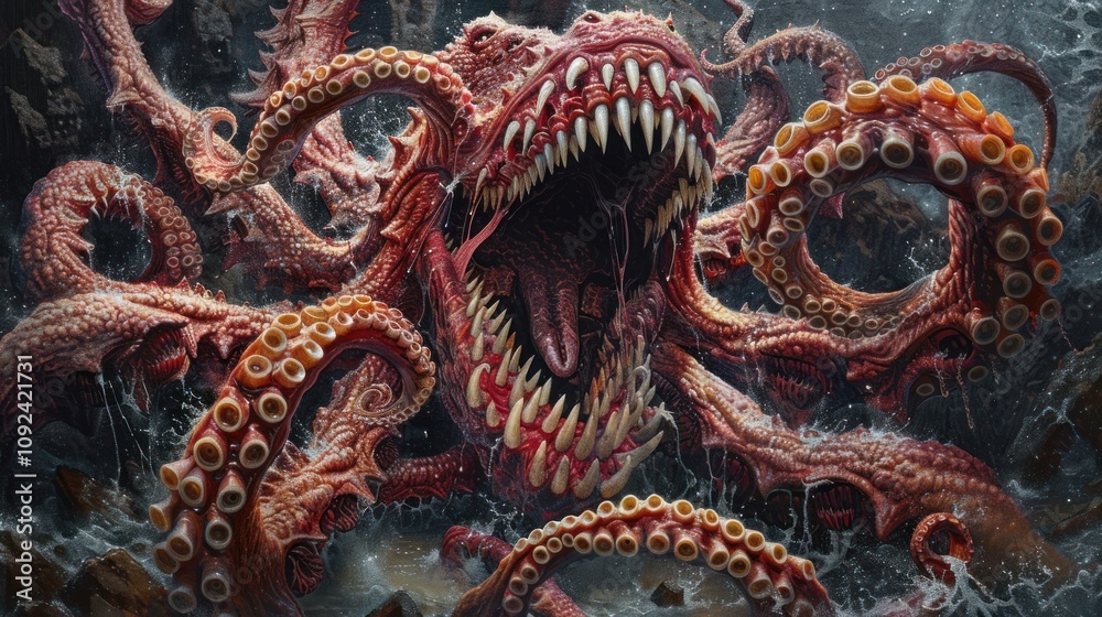 Obraz premium Drawing of a giant, terrifying squid with its mouth open revealing sharp teeth and tentacles in an underwater environment.