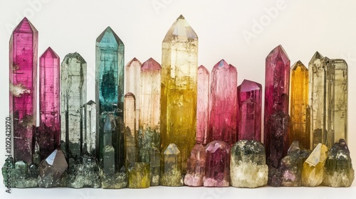 Vibrant multi-colored tourmaline crystal formation displaying unique textures and hues against a pristine white background. photo