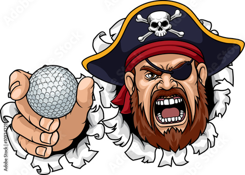 A Pirate man holding Golf ball sports team cartoon charcater mascot illustration.