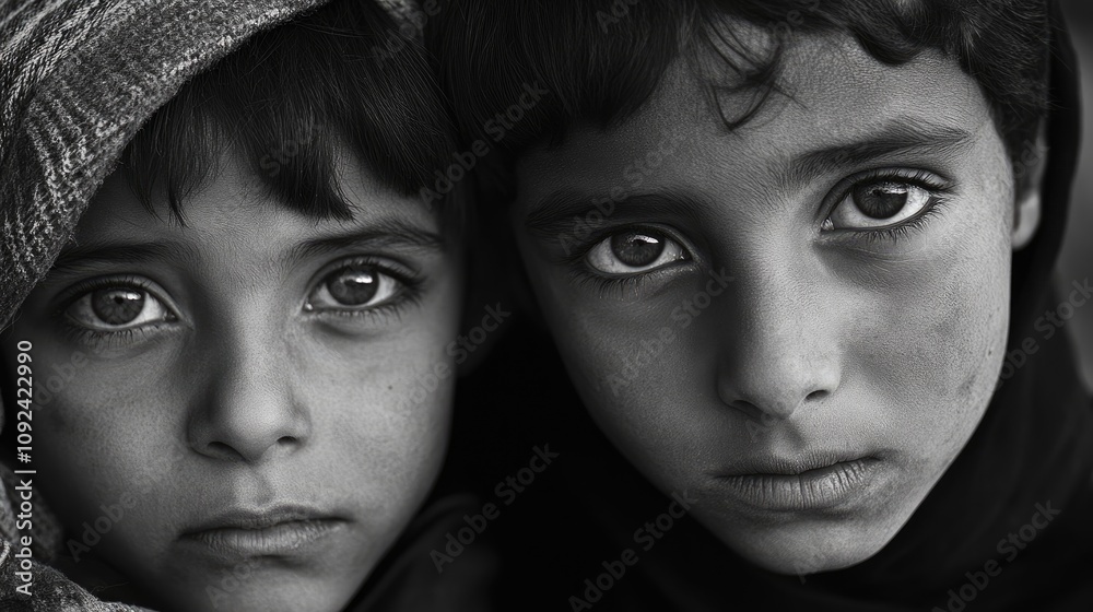 Somber close-up of young children with serious expressions, reflecting hardship, featuring deep eyes and subtle facial features in a monochrome setting. Somber close-up of young children with serious expressions, reflecting hardship, featuring deep eyes and subtle facial features in a monochrome setting.