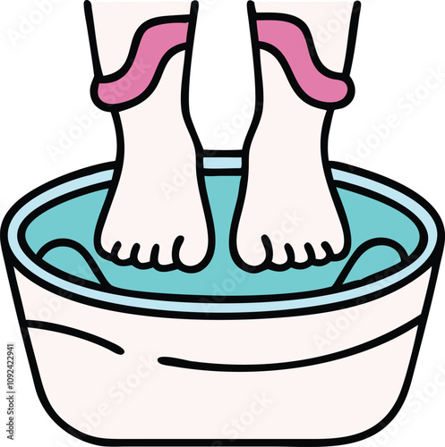 Foot Spa Icon with Soaking Feet, Flat design icon of feet soaking in a foot spa basin, ideal for wellness, relaxation, self-care, and beauty themes.  
