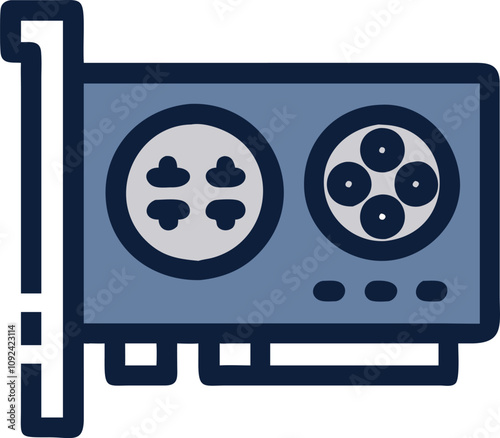 Colorful Graphics Card Icon with Connectors, Flat design icon of a graphics card in vibrant colors, featuring connectors and ports, perfect for gaming, hardware, and technology themes.  
