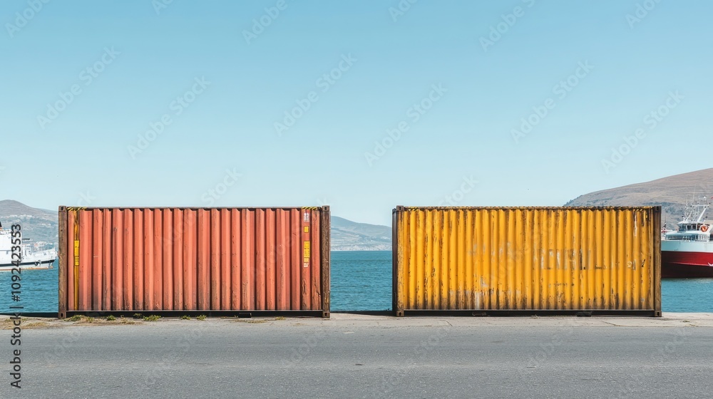 Two large shipping containers in vibrant red and yellow near a calm ocean, with boats visible on the horizon under bright blue skies. Two large shipping containers in vibrant red and yellow near a calm ocean, with boats visible on the horizon under bright blue skies.