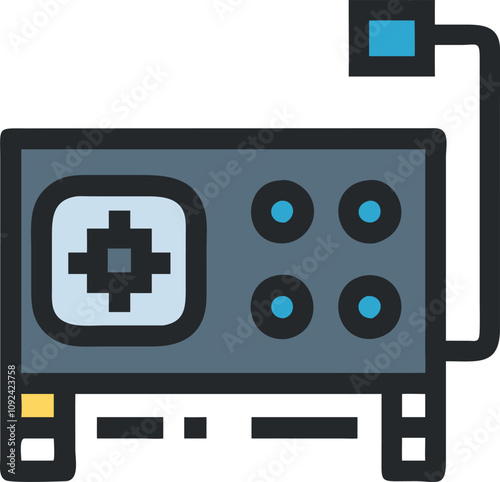 Flat Design Icon of Graphics Card, Flat design icon of a graphics card with connectors, ideal for technology, gaming, and computer hardware-related themes.
