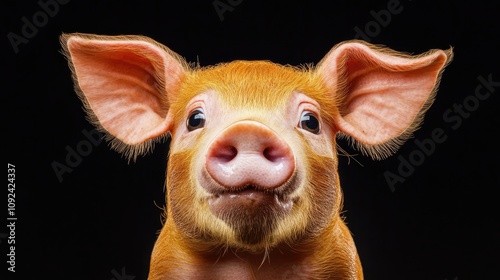 Astonished pig portrait showcasing wide, surprised eyes and prominent ears against a dark background. photo