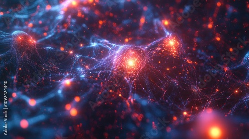 Abstract depiction of neural connections, featuring vibrant red and blue lights against a dark background.