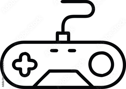 Minimalist Wired Gaming Controller Icon, Black and white outline icon of a wired gaming controller, perfect for retro gaming, technology, and entertainment themes.
