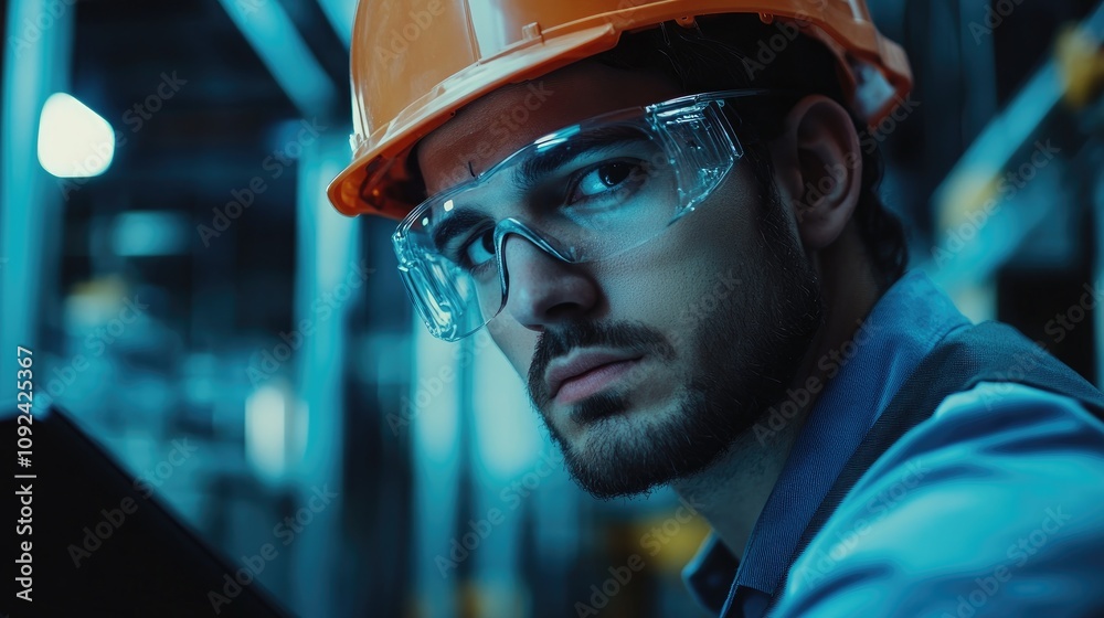 Engineer with safety gear focused on electronic repairs in a dim workspace, highlighting determination and expertise in troubleshooting damaged equipment. Engineer with safety gear focused on electronic repairs in a dim workspace, highlighting determination and expertise in troubleshooting damaged equipment.