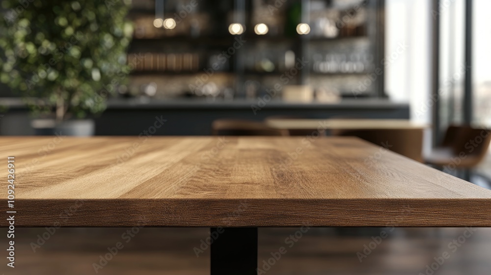 Wooden table surface in a modern dining area with blurred background, offering a stylish ambiance for product showcase and interior design inspiration. Wooden table surface in a modern dining area with blurred background, offering a stylish ambiance for product showcase and interior design inspiration.