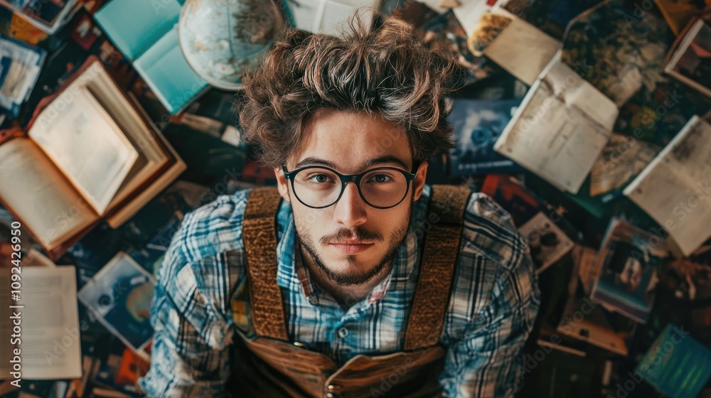 Hipster male student surrounded by books and a globe, contemplating career choices while showcasing a casual, thoughtful expression. Hipster male student surrounded by books and a globe, contemplating career choices while showcasing a casual, thoughtful expression.