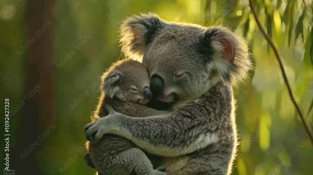 Naklejka premium Mother Koala Cuddling Baby in Eucalyptus Forest