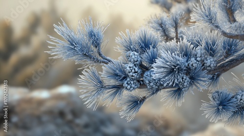 Close-up of a blue pine branch covered in fresh snow and frost, capturing the serene beauty of a chilly winter atmosphere.