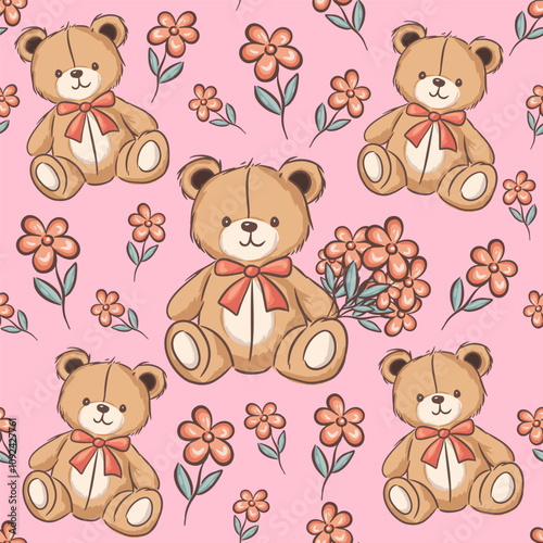 Seamless pattern cute cartoon teddy bears with flowers on a soft pink background for children decor design