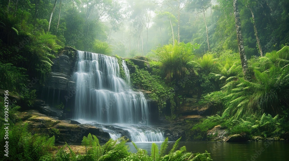 Majestic Waterfall Cascading Into Tranquil Pool Surrounded by Lush Greenery and Misty Forest, Evoking a Sense of Peace and Natural Beauty in an Enchanting Wilderness Setting Majestic Waterfall Cascading Into Tranquil Pool Surrounded by Lush Greenery and Misty Forest, Evoking a Sense of Peace and Natural Beauty in an Enchanting Wilderness Setting