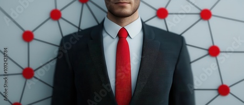 Businessman surrounded by abstract network symbols, representing expansive business network