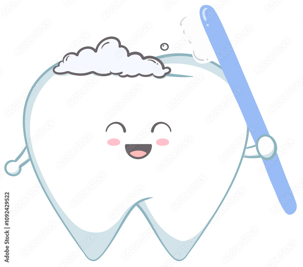 Fototapeta premium Cute tooth holding toothbrush and toothpaste foam, illustrations for dentistry and children