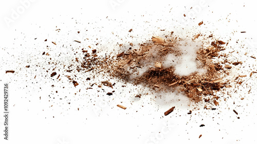 Brown Wood Fragments Explode in an Abstract Dispersion against a White Background