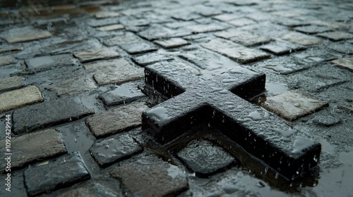 Cross on wet cobblestones with water droplets cascading down the adjacent concrete, reflecting a somber atmosphere and highlighting the textures of the surfaces.