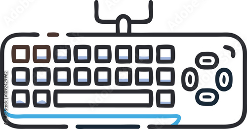 Flat design illustration of a wired keyboard in blue tones, ideal for technology, office, and gaming-related themes.
