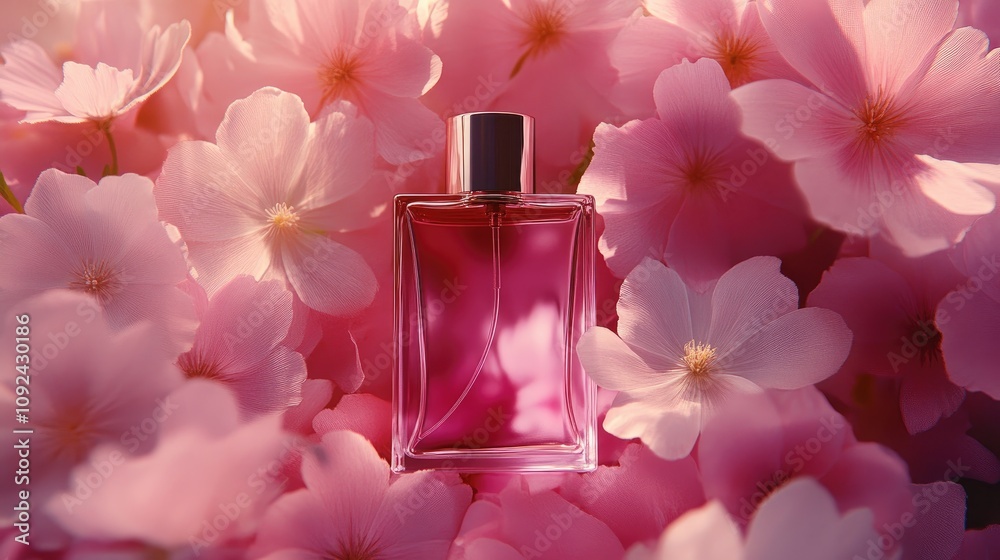 Elegant perfume bottle nestled among soft pink mallow flowers, showcasing a minimalist design and a serene floral ambiance. Elegant perfume bottle nestled among soft pink mallow flowers, showcasing a minimalist design and a serene floral ambiance.