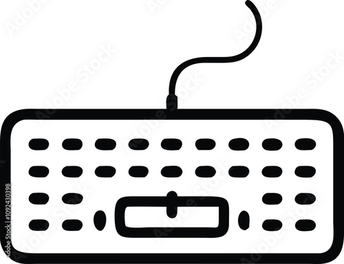Minimalist Wired Keyboard Outline Icon, Black and white outline icon of a wired keyboard, perfect for technology, office, and computer accessory-related themes.
