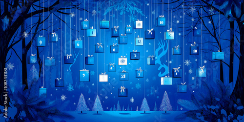 A magical winter landscape features an advent calendar adorned with colorful gift boxes hanging from branches.